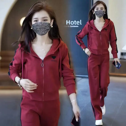 Fashionable Casual Sportswear Set 2026 New Style Slimming Wide Leg Pants Autumn Trendy Two Piece Suit Polyester Fabric