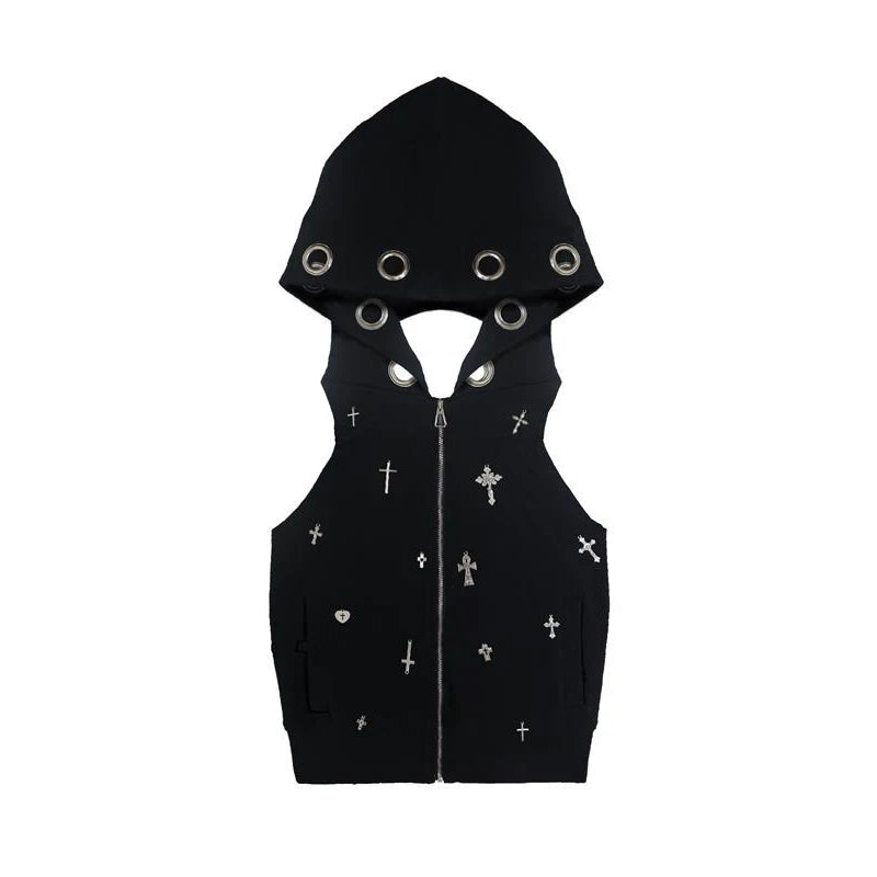 AltGoth Streetwear Gothic Dark Vest Women Harajuku Y2k E-girl Cyberpunk Cross Hooded Crop Tank Top Emo Alt Grunge Outfits Female