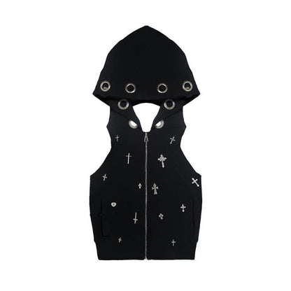 AltGoth Streetwear Gothic Dark Vest Women Harajuku Y2k E-girl Cyberpunk Cross Hooded Crop Tank Top Emo Alt Grunge Outfits Female