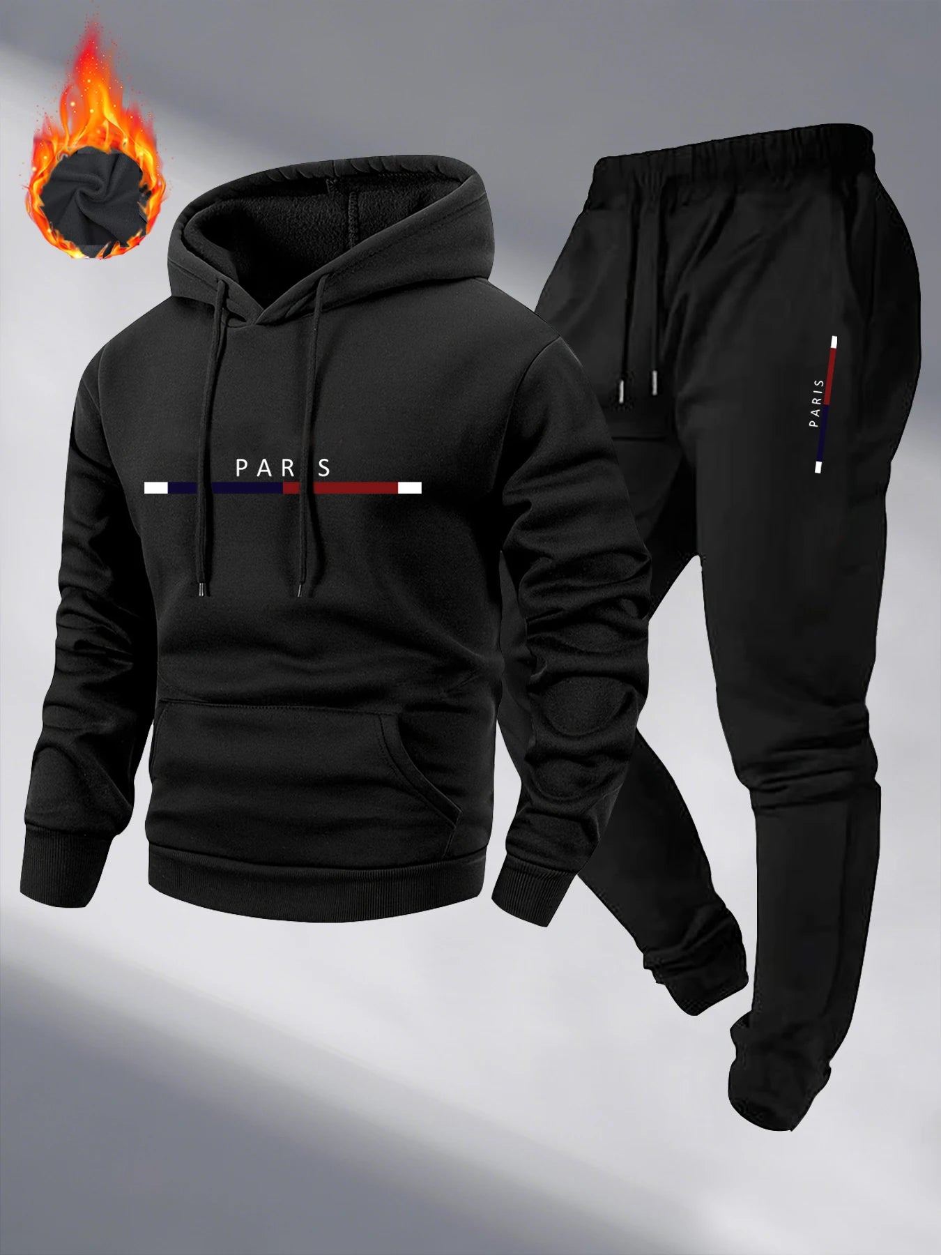 Men Hooded Tracksuit Winter Casual Thick Loose Plus Size Paris Letter Print fleece warm pullover long sleeved hooded sweatshirt