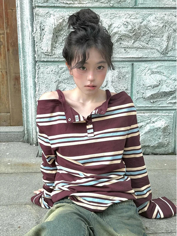 plus Size Women's Autumn Long Sleeve Striped T-Shirt Slimming Stylish Trendy Girl Style Top V-Neck Regular Thickness