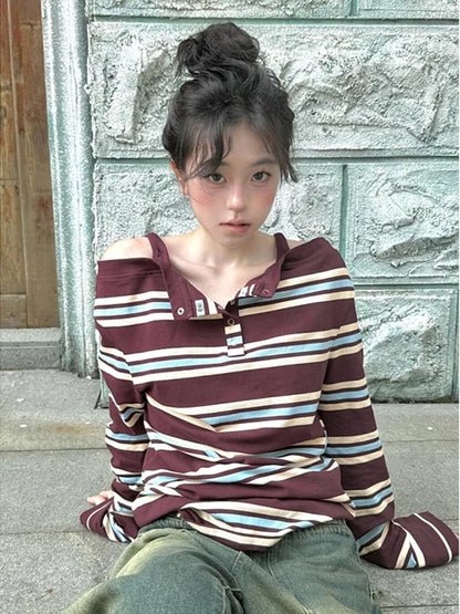 plus Size Women's Autumn Long Sleeve Striped T-Shirt Slimming Stylish Trendy Girl Style Top V-Neck Regular Thickness