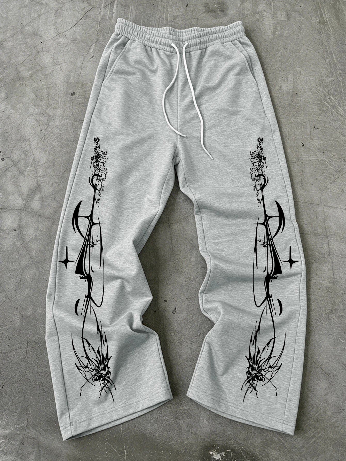 Y2K Dark Punk Abstract Gothic Cross Star Print Mens Baggy Wide Leg Sweat Pants Loose Straight Drawstring Hip Hop Street Joggers