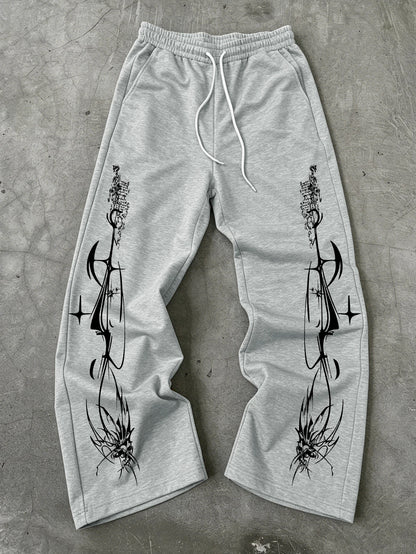 Y2K Dark Punk Abstract Gothic Cross Star Print Mens Baggy Wide Leg Sweat Pants Loose Straight Drawstring Hip Hop Street Joggers