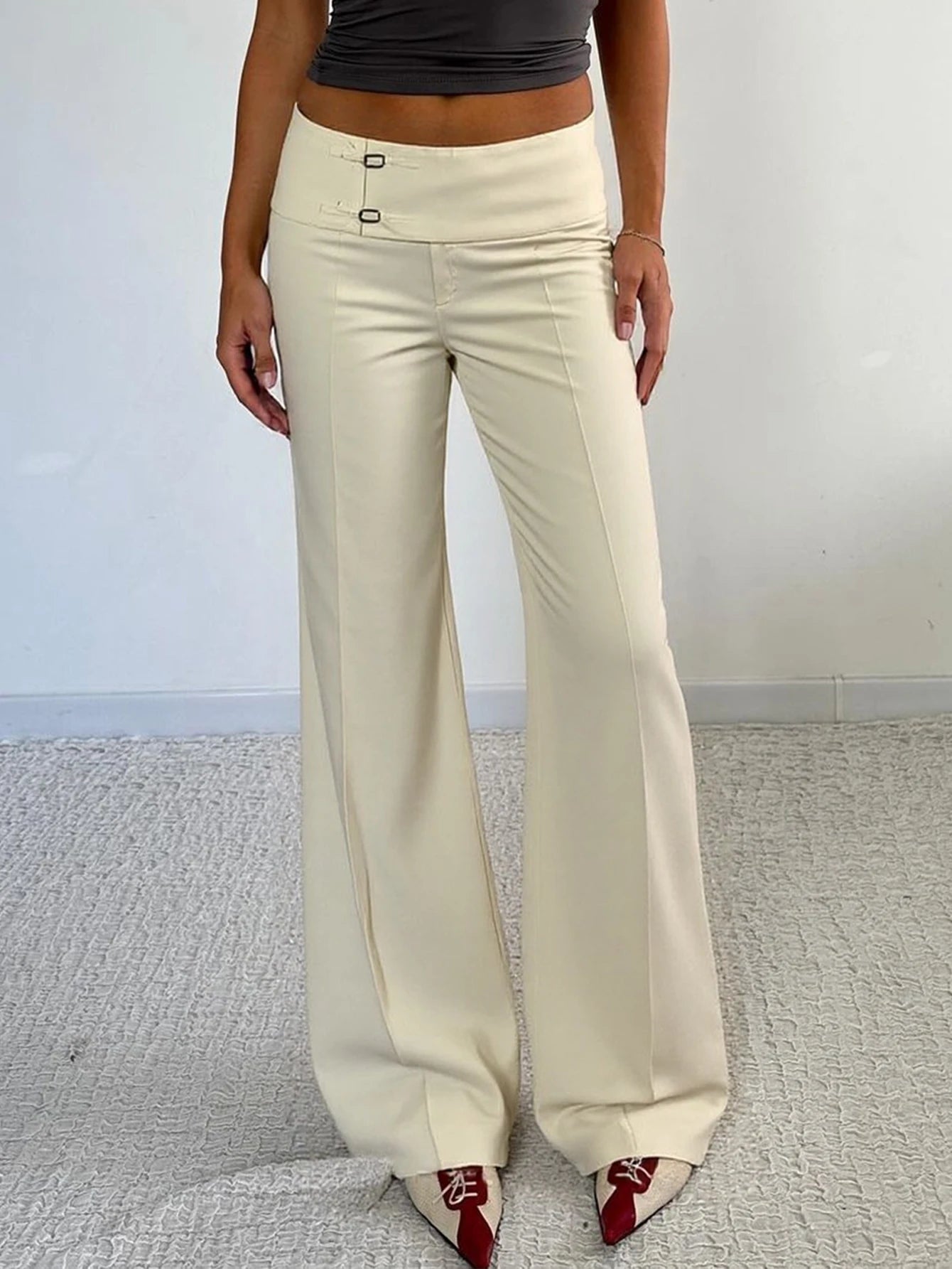 Women Solid Color Commuter Y2K Straight Leg Slightly Flared Pants Low Waist Minimalist Casual Cargo Pants Asymmetrical Waistband