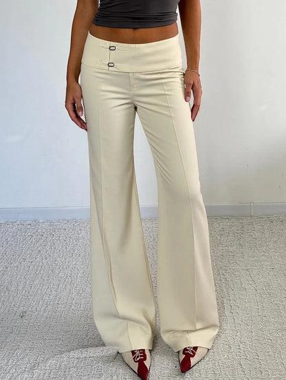 Women Solid Color Commuter Y2K Straight Leg Slightly Flared Pants Low Waist Minimalist Casual Cargo Pants Asymmetrical Waistband