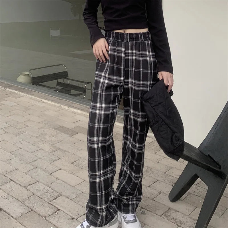Women Plaid Pants High Waist Wide Leg Flared Trousers Thick Fleece Lined Winter Thermal Lounge Casual Straight Leg Bottoms