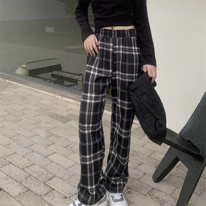 Women Plaid Pants High Waist Wide Leg Flared Trousers Thick Fleece Lined Winter Thermal Lounge Casual Straight Leg Bottoms