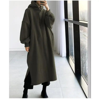 Korean Style Fleece Lined Long Hoodie Dress Women's Thickened Split Slimming Autumn Winter Dress Cotton Polyester Blend