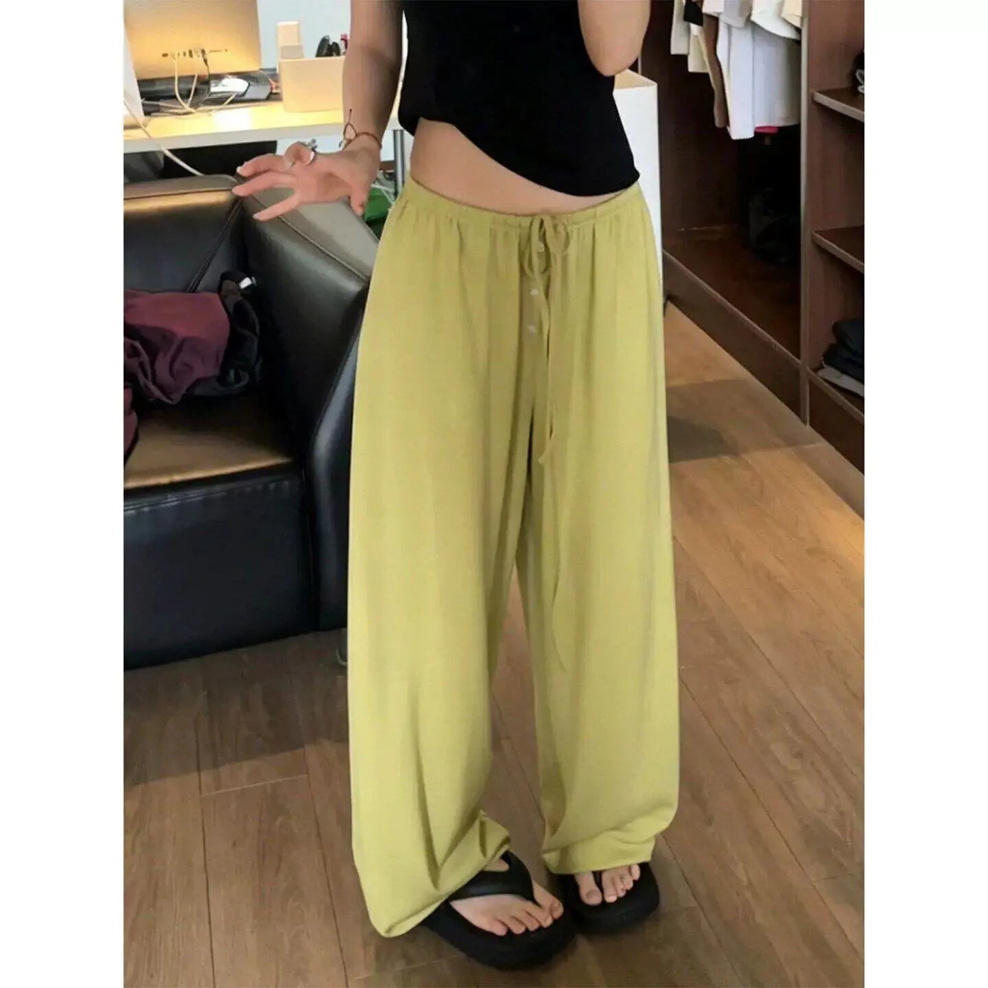 Ice Silk Quick Dry Wide Leg Pants Women Summer Thin Loose Casual Drape Straight Tube Leisure Walking Pants High Waist Elastic