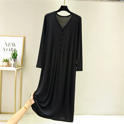 Early Autumn 2024 Women's V-Neck Long Sleeve Dress Loose Button-Up Modal Dress for Home Wear Midi Skirt A-Line Silhouette