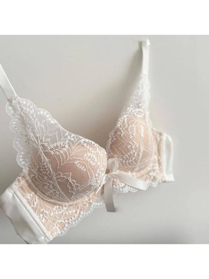 Top Selling Womens Wireless Bra Set French Lace Bow Contrast Color Push Up Thick Padded No Gap Everyday Lingerie For Small Chest