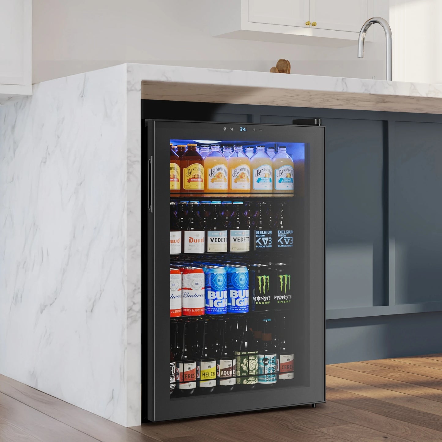 Mini Glass Door Beverage Cooler 141-Can Capacity with Adjustable Beverage Shelves for Soda Beer Wine