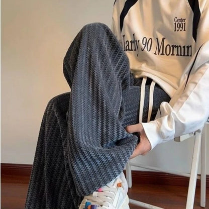 Soft Knit Casual Joggers for Men Plaid Style Stripe Design Loose Fit Sports Pants Warm for Fall Winter