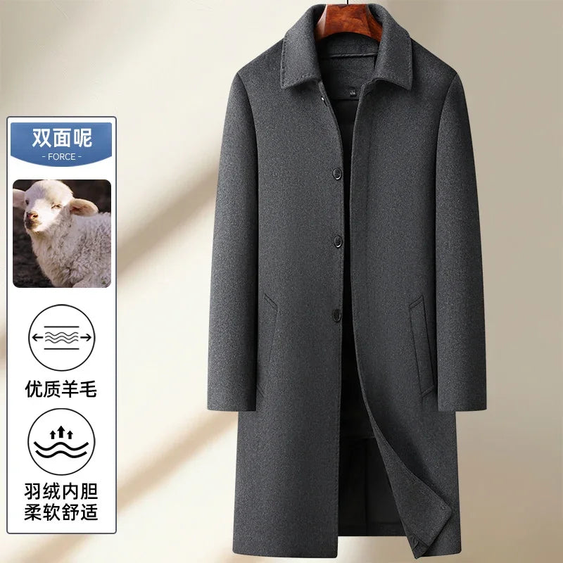 High Quality Men's Long-Length Wool Duck Down Liner Woolen Coat Business Casual Windbreaker Puffer Jacket Solid Wool Overcoat