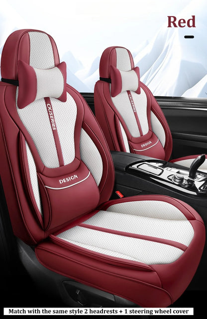 Premium PU Leather Auto Seat Covers Set with Built-in Lumbar Support +2 Headrest Covers +1 Steering Wheel Cover Comfortable
