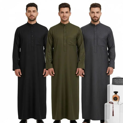 Middle East Arab Mens Robe Loose Fit Standing Collar Round Neck Traditional Islamic Clothing Long Kaftan