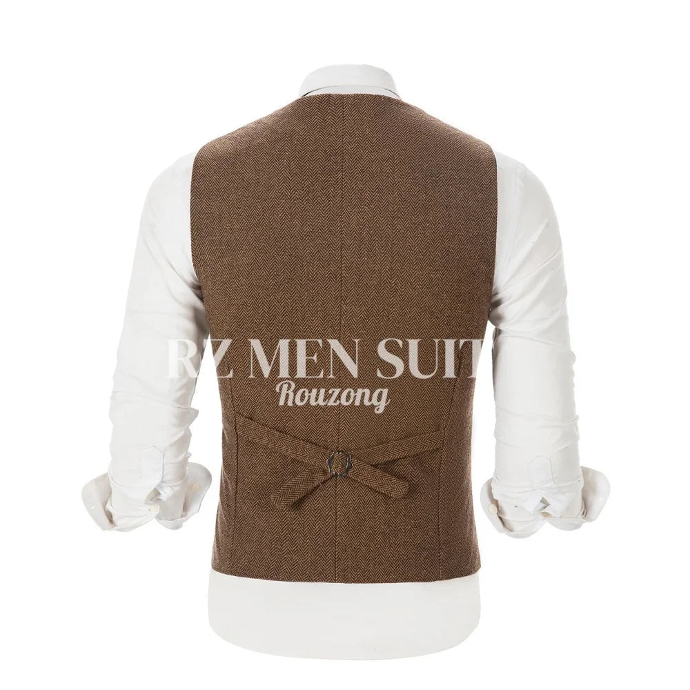 Mens Vintage Tweed Suit Vest V Neck Casual Wool Waistcoat for Wedding Groomsmen chaleco hombre