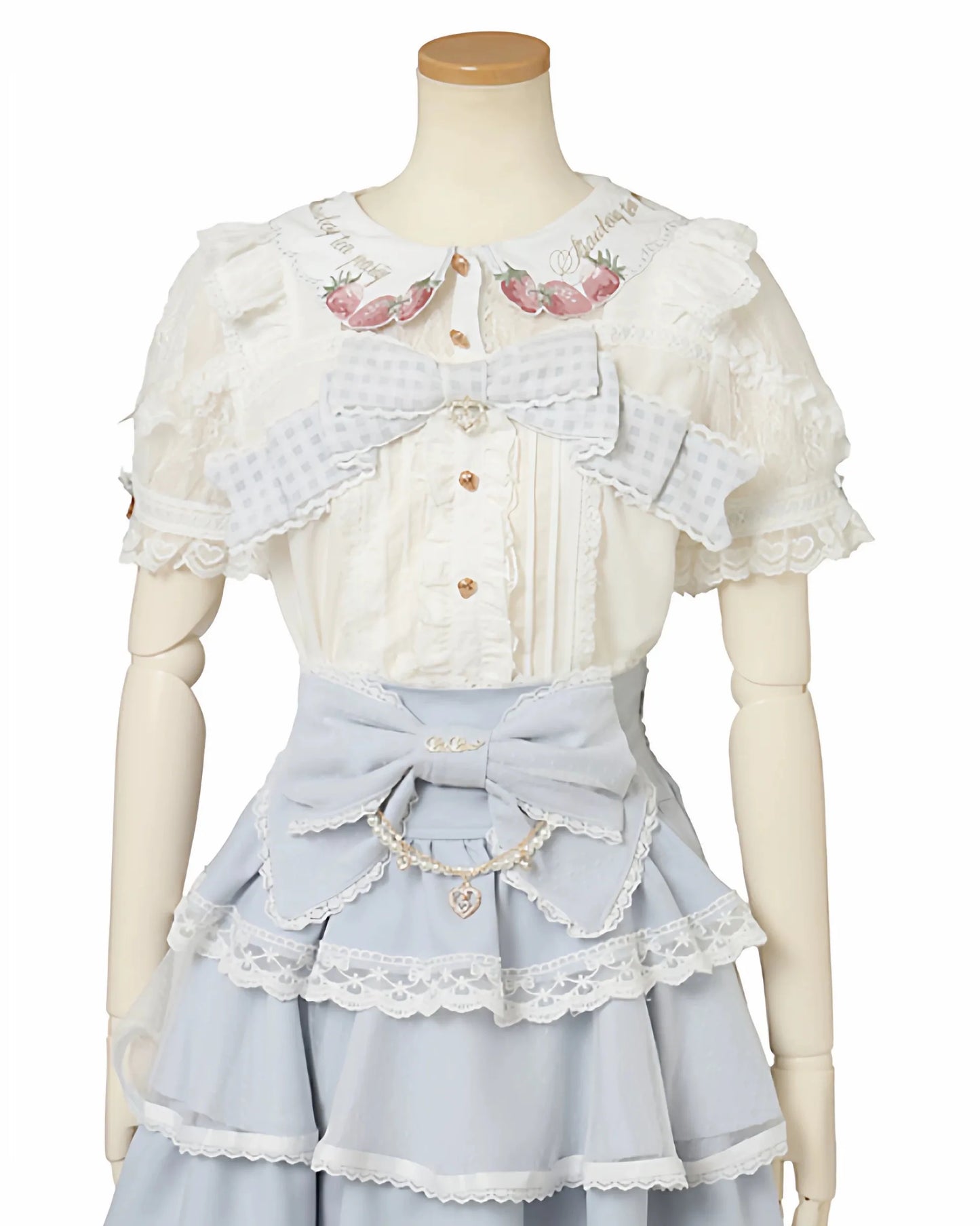 Japanese Mass Produced New Sweet Doll Collar Lolita Strawberry White Shirt Female 2026 Spring Pleated Lace Bow Blouses Top Women