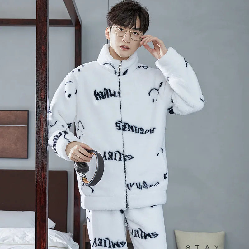 2025 New Couple Sleepwear Men's Autumn Winter Stand Collar Zipper Thick Long Sleeve Coral Fleece Home Clothes Men's Pyjamas