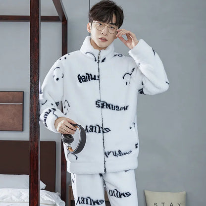 2025 New Couple Sleepwear Men's Autumn Winter Stand Collar Zipper Thick Long Sleeve Coral Fleece Home Clothes Men's Pyjamas