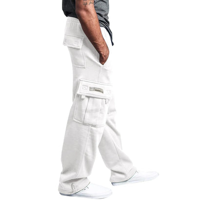 Men's Cargo Pants Rope Loosening Waist Solid Color Pocket Trousers Comfortable Loose Sports Trousers Casual Wide Leg Pants
