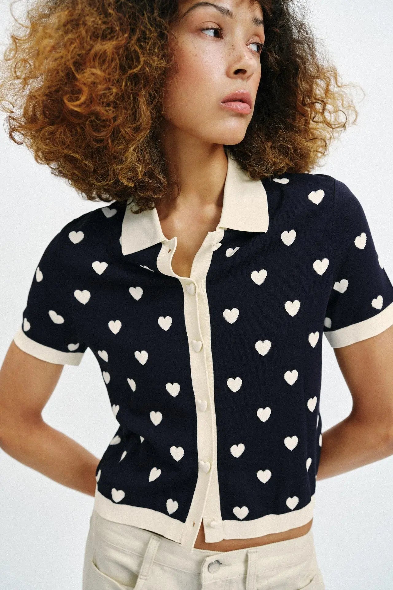 New Summer Women's Street Style  Shirt Turn-down Collar Short Sleeve Color Block Heart Pattern Embroidery Casual Top