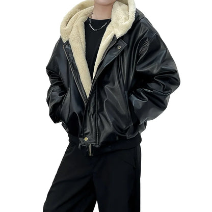 Men's Luxry Faux Fur Jacket Winter Thick Warm Hooded Leather Parkas Thermal Revisable Overcoat Fashion Loose Fit Outerwear