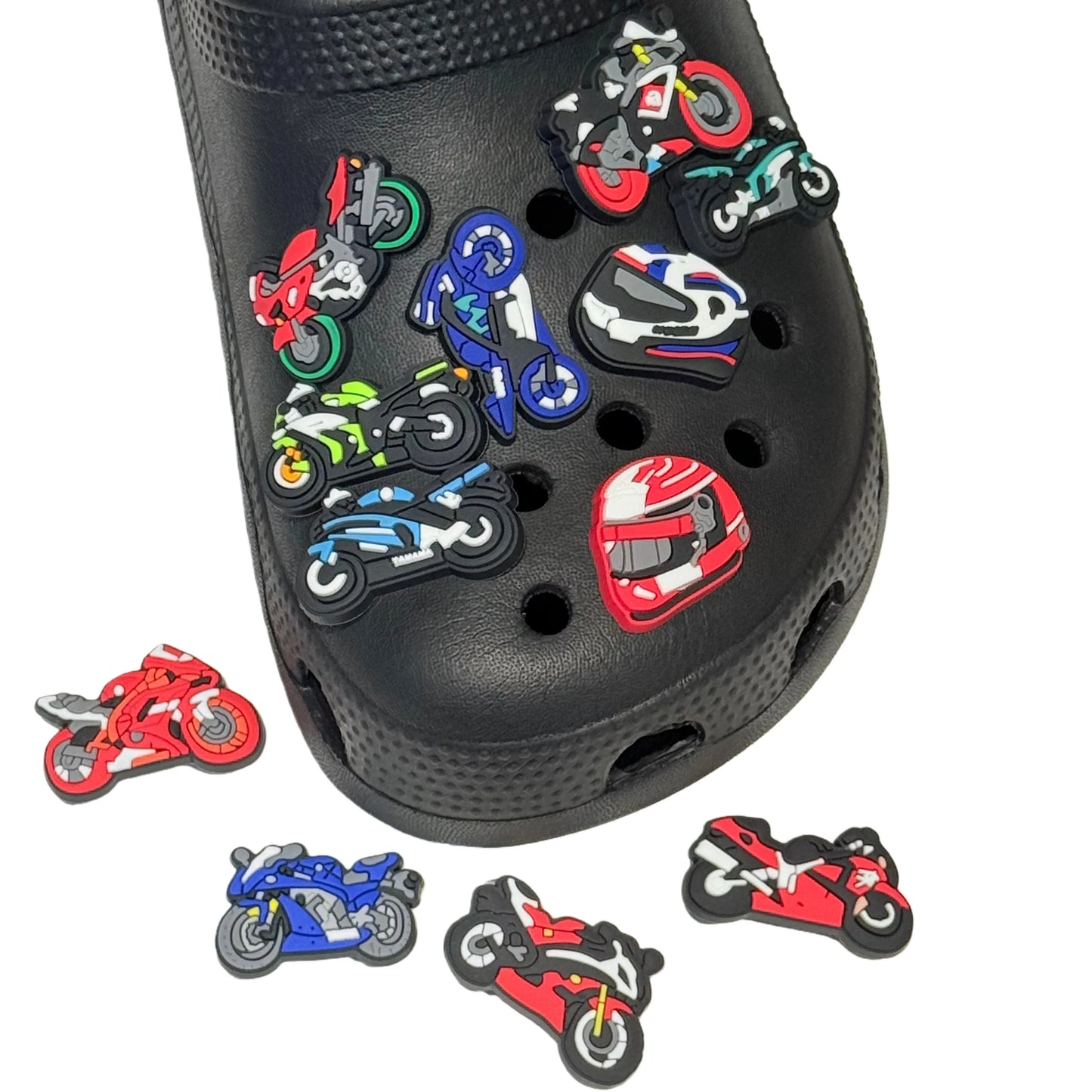 1-12PCS Cartoon Motorcycle Helmet PVC Shoe Charms Design Man Pins Accessories Funny Garden Shoes Buckle Decoration Unisex Gift