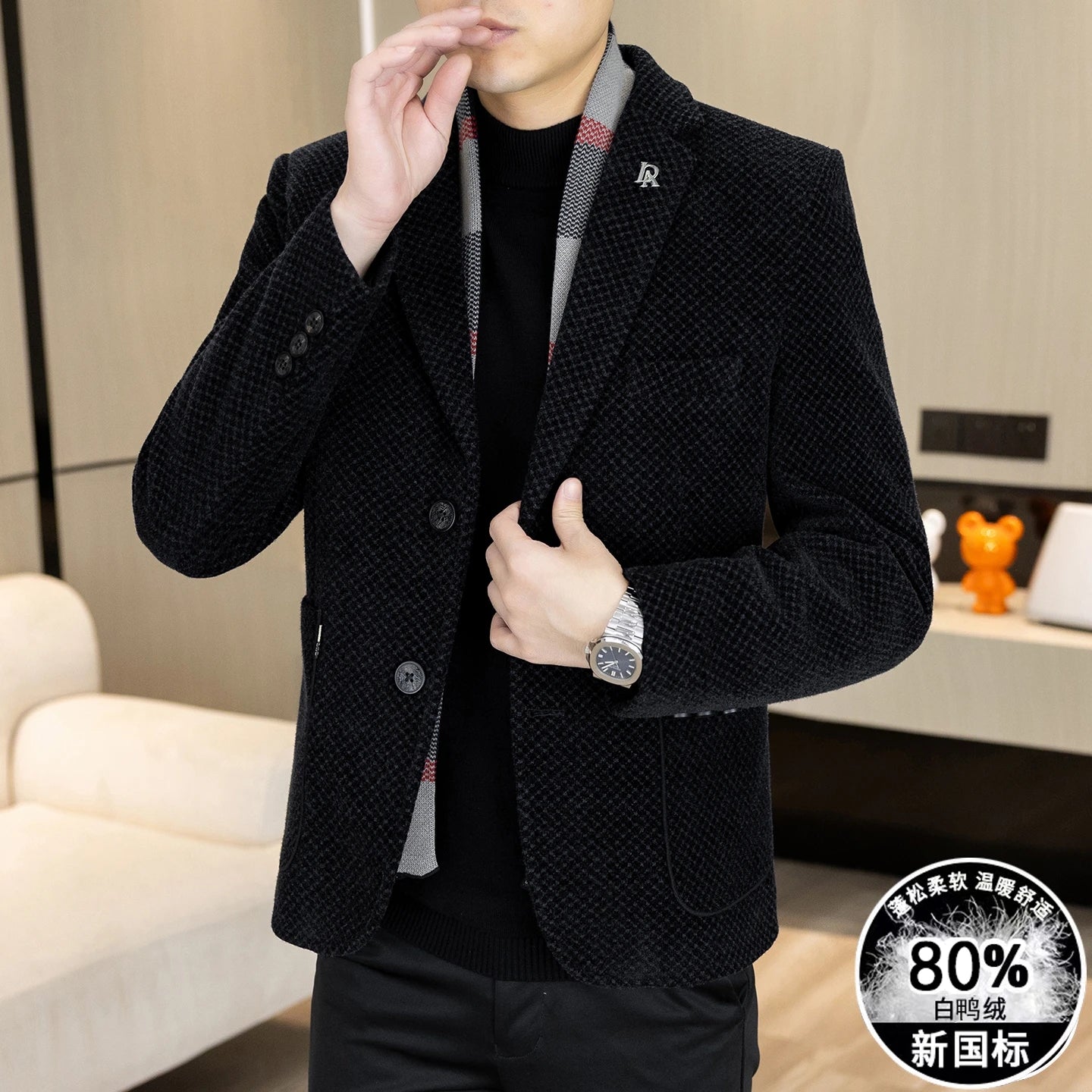 New Down Blazer Men's Business Gentleman Korean Wedding Fashion Trend Slimming Solid Color Casual High-end Down Woolen Blazer