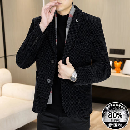 New Down Blazer Men's Business Gentleman Korean Wedding Fashion Trend Slimming Solid Color Casual High-end Down Woolen Blazer