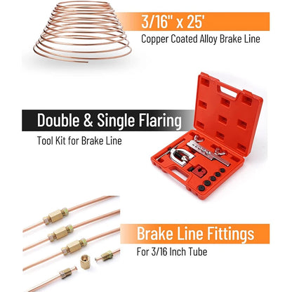 25Ft 3/16'' Brake Line Kit with 16 Fittings and 4 Unions Brake Pipe Fittings,Brake Line Double & Single Flaring Tool Kit