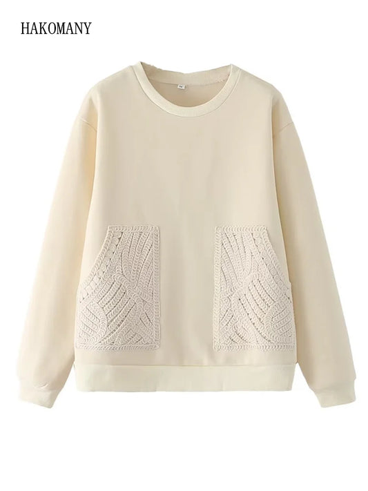 2022 Women Round collar Front Spliced Knitted Pockets Pullover Hoodies Sweats Winter Keep Warm With Fleece Sweatshirt Beige
