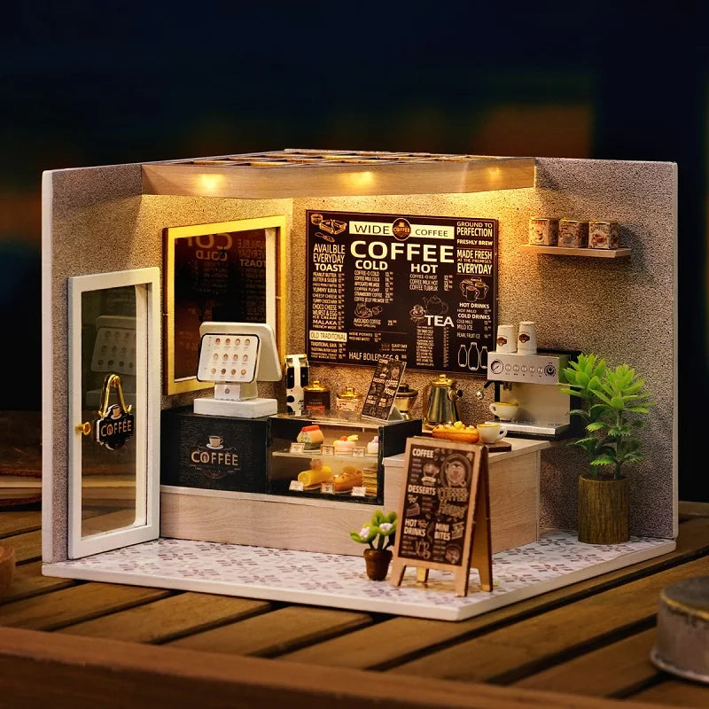 Coffee Shop Doll House Mini DIY Kits Making Room Assembling Toys Bedroom Decorations Furniture Dollhouses Toys For Xmas Gifts