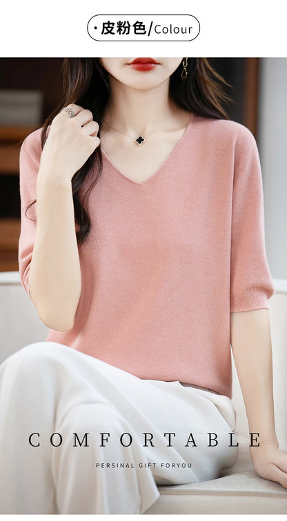 Thin Worsted Wool Short-Sleeved Women's Loose Round Neck T-shirt Printed Summer Fashion Knitted Bottoming Shirt Half-Sleeved