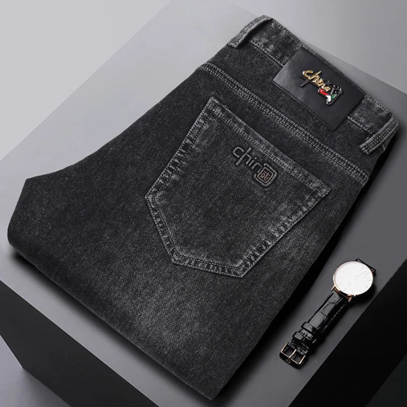 2024 New Black Men's Autumn Winter Thick Jeans Classic Style Stretch Business Loose Straight-leg Casual Pants Men's Denim Pants