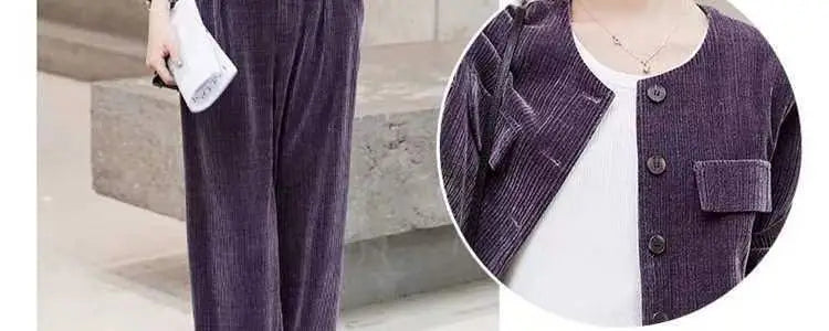 Fashionable Corduroy Set Women's Autumn Winter New Style Elegant Lady Fragrance Wind Coat Wide Leg Pants Two Piece Suit