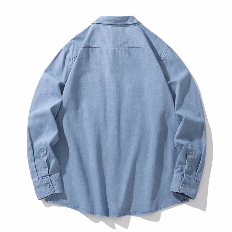 Loose Denim Shirt Men's Autumn New Washed Dark Blue Japanese Fashion Pocket Design Long Sleeve Jean Shirts Male Clothes