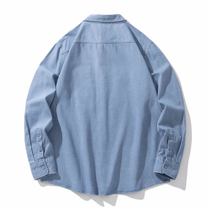 Loose Denim Shirt Men's Autumn New Washed Dark Blue Japanese Fashion Pocket Design Long Sleeve Jean Shirts Male Clothes