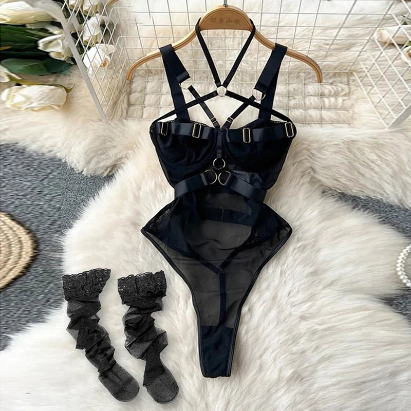Cute Gray Rabbit Ear Hood Top Sexy Backless Slim Fit Bodysuit Zip Sleeveless Women Sexy Erotic Lingerie Bunny Cosplay Playsuit