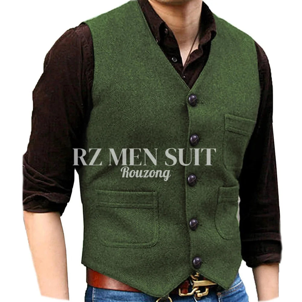 Mens Vintage Tweed Suit Vest V Neck Casual Wool Waistcoat for Wedding Groomsmen chaleco hombre