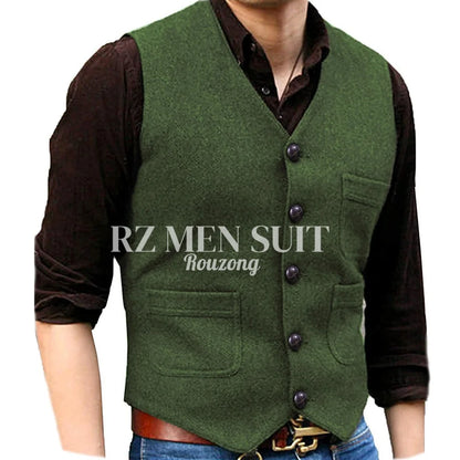Mens Vintage Tweed Suit Vest V Neck Casual Wool Waistcoat for Wedding Groomsmen chaleco hombre