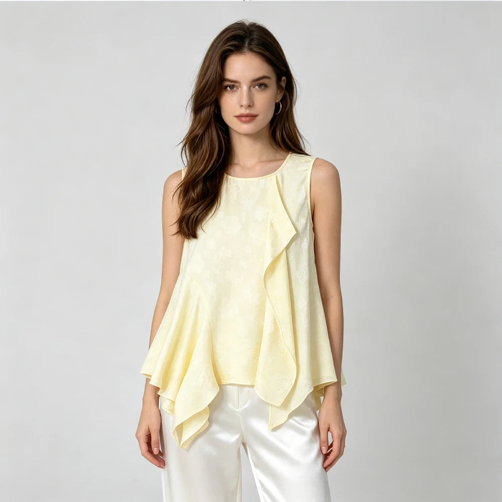 2026 Women's Fashion Summer New 100% Natural Mulberry Silk HuaLuo Beige Irregular Breathable Round Neck Sleeveless Tank Top