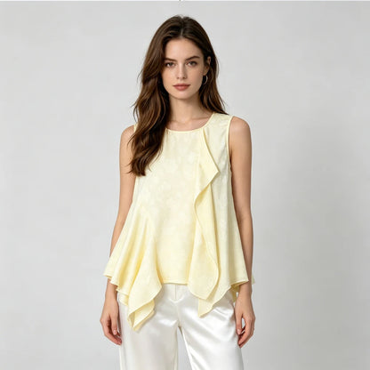 2026 Women's Fashion Summer New 100% Natural Mulberry Silk HuaLuo Beige Irregular Breathable Round Neck Sleeveless Tank Top