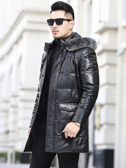 Winter Real Sheepskin Overcoat Men Zipper Thick Warm Hooded Genuine Leather Down Coat  Plus Size 5XL Streetwear Casual Coat Men