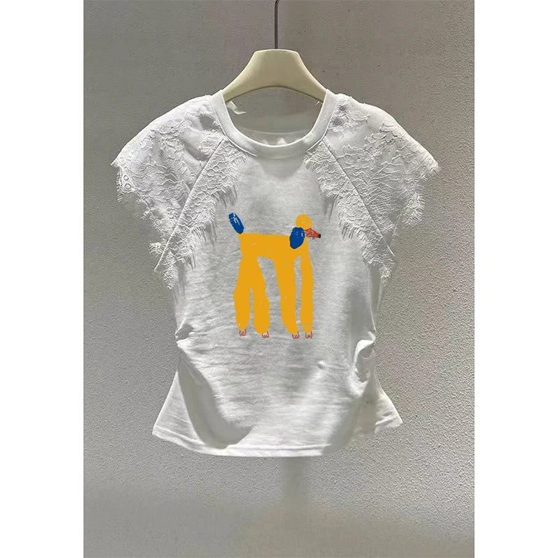 Retro Black Lace Mesh Short Sleeve Top Women Summer Fly Sleeve Short T-Shirt Outlet Store Printed Slim Fit Cotton Polyester