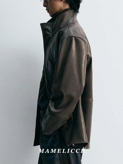 MAMELICCE Original design wool stand collar jacket Contrasting PU faux leather Casual coat Men's clothing Vintage jackets