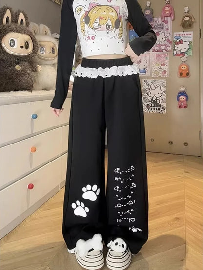 Sweet Cartoon Print Wide Leg Pants Women's High Waist Straight Lace Splice Casual Sports Sweatpants Breathable Cotton Blend