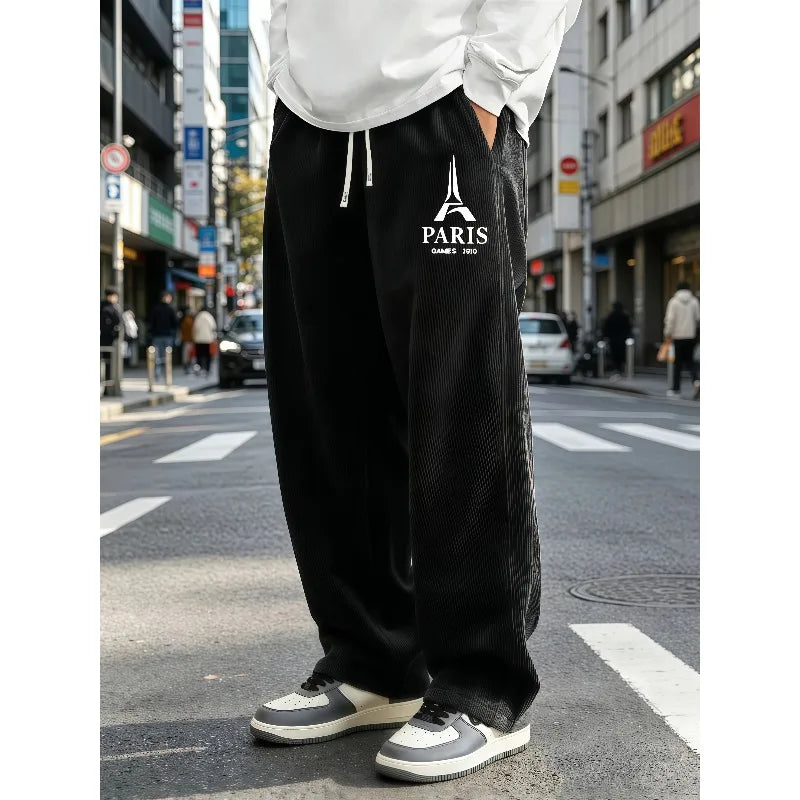Mens Corduroy Wide Leg Trousers Elastic Drawstring Waist Eiffel Tower Letter Print Loose Straight Casual Street Pants S-4XL