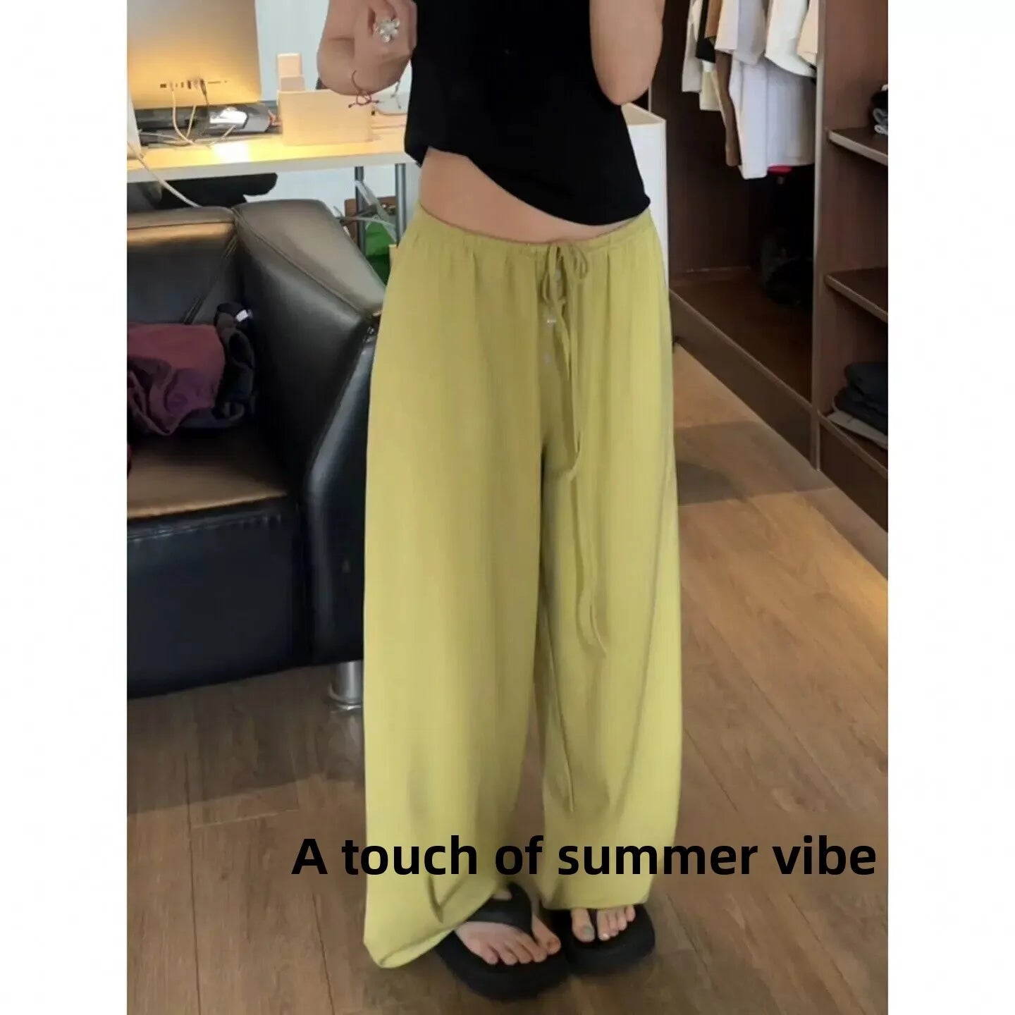 Ice Silk Quick Dry Wide Leg Pants Women Summer Thin Loose Casual Drape Straight Tube Leisure Walking Pants High Waist Elastic